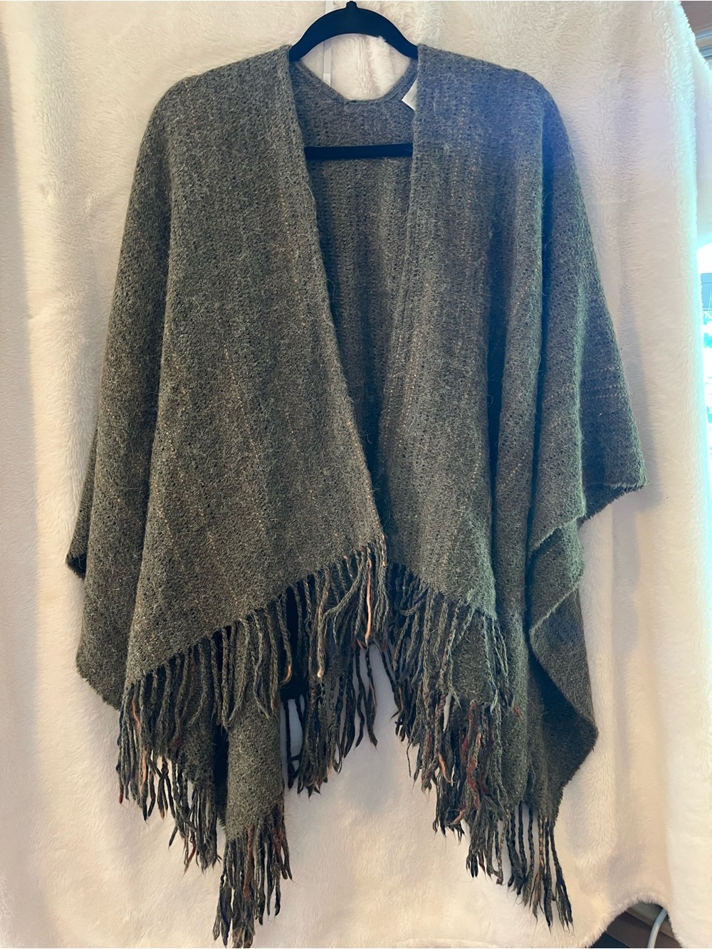 Olive Woven Poncho Wrap Fringe Open-Front